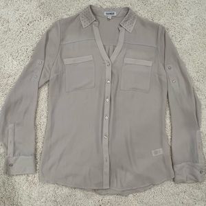 Express Portofino Gold Beads on Collar Roll Tab Sleeve Button Up Blouse Size M